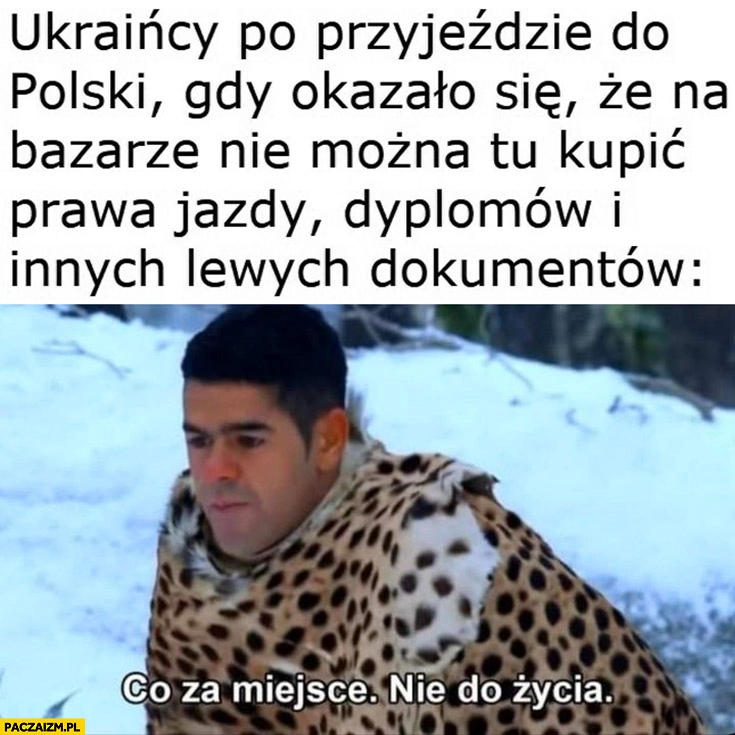 
    Ukraińcy po przyjeździe do polski gdy okazało się, że na bazarze nie można tu kupić prawa jazdy dyplomów i innych lewych dokumentów co za miejsce nie do życia