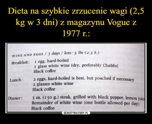 
    Dieta na szybkie zrzucenie wagi (2,5 kg w 3 dni) z magazynu Vogue z 1977 r.: