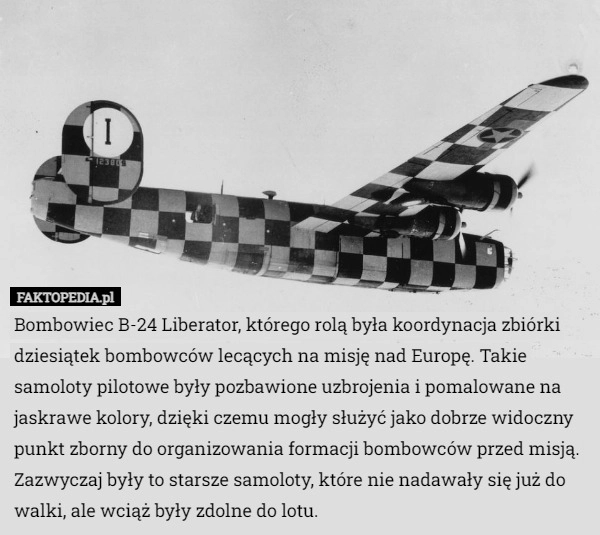 
    Bombowiec B-24 Liberator, którego rolą była koordynacja zbiórki dziesiątek