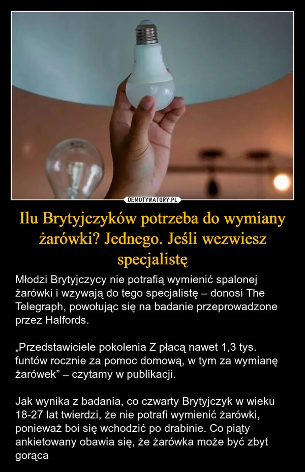 
    Ilu Brytyjczyków potrzeba do wymiany żarówki? Jednego. Jeśli wezwiesz specjalistę