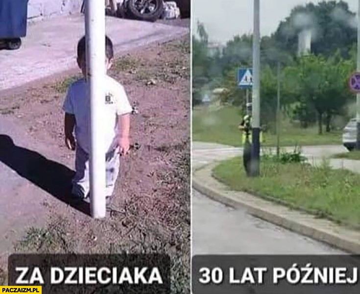 
    Za dzieciaka vs 30 lat później policjant chowa się za słupem