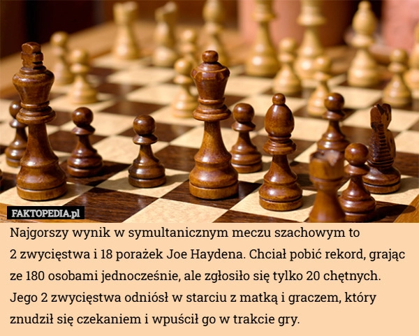 
    Najgorszy wynik w symultanicznym meczu szachowym to
2 zwycięstwa i 18 porażek