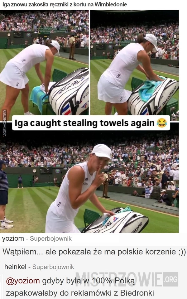 
    Iga znowu zakosiła ręczniki z kortu na Wimbledonie