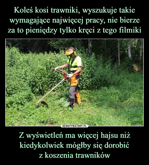 
    Koleś kosi trawniki, wyszukuje takie wymagające najwięcej pracy, nie bierze za to pieniędzy tylko kręci z tego filmiki Z wyświetleń ma więcej hajsu niż kiedykolwiek mógłby się dorobić
z koszenia trawników