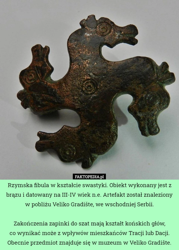 
    Rzymska fibula w kształcie swastyki. Obiekt wykonany jest z brązu i datowany...