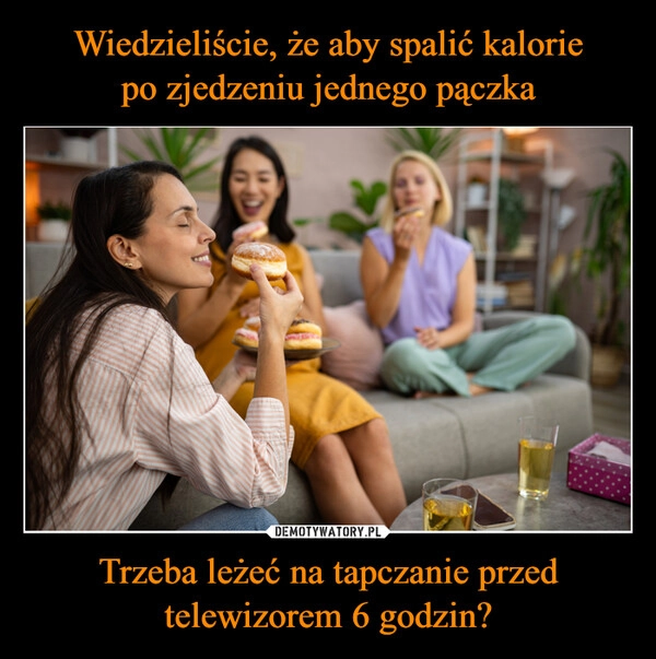 
    Wiedzieliście, że aby spalić kalorie
po zjedzeniu jednego pączka Trzeba leżeć na tapczanie przed telewizorem 6 godzin?