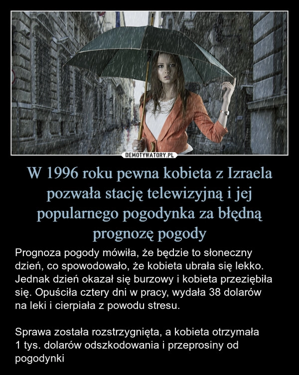 
    W 1996 roku pewna kobieta z Izraela pozwała stację telewizyjną i jej popularnego pogodynka za błędną prognozę pogody