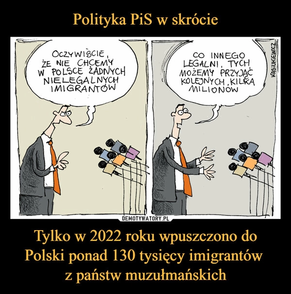 
    Polityka PiS w skrócie Tylko w 2022 roku wpuszczono do Polski ponad 130 tysięcy imigrantów 
z państw muzułmańskich