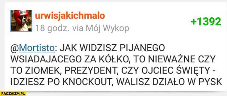 
    Jak widzisz pijanego wsiadającego za kółko to nieważne czy to ziomek, prezydent czy Ojciec Świety, idziesz po knockout walisz działo w pysk