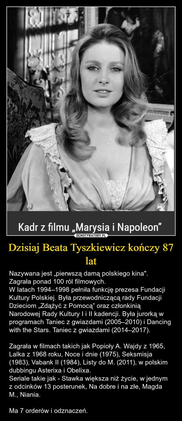 
    Dzisiaj Beata Tyszkiewicz kończy 87 lat