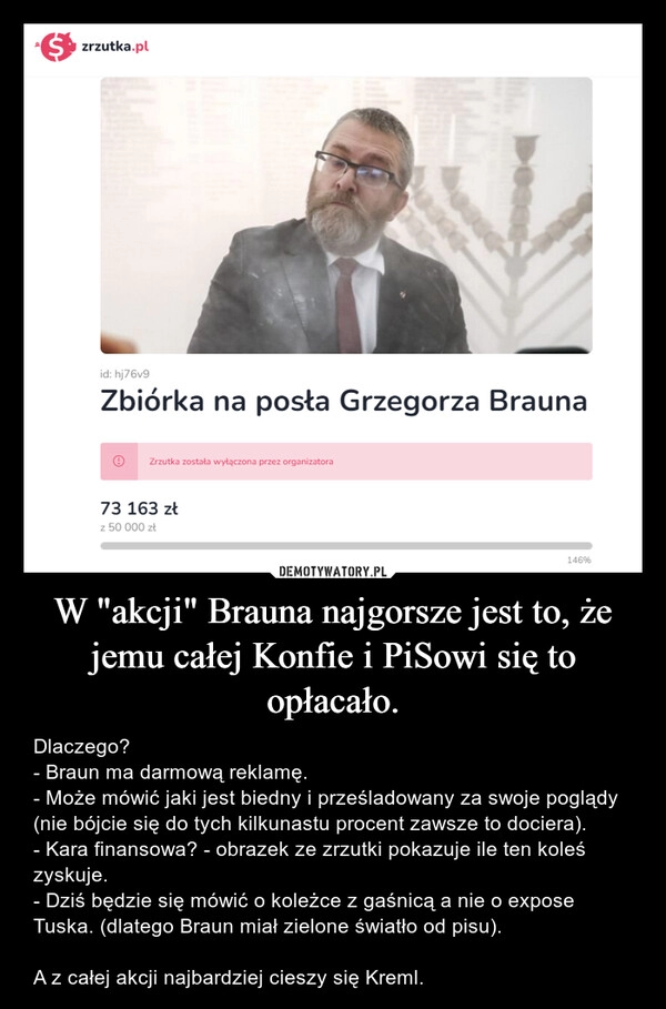 
    W "akcji" Brauna najgorsze jest to, że jemu całej Konfie i PiSowi się to opłacało.