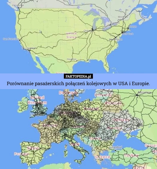 
    Porównanie pasażerskich połączeń kolejowych w USA i Europie.
