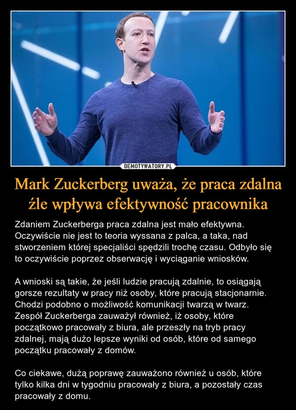 
    Mark Zuckerberg uważa, że praca zdalna źle wpływa efektywność pracownika