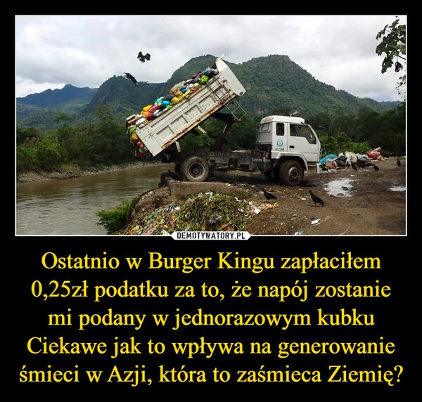 
    Ostatnio w Burger Kingu zapłaciłem 0,25zł podatku za to, że napój zostanie mi podany w jednorazowym kubku
Ciekawe jak to wpływa na generowanie śmieci w Azji, która to zaśmieca Ziemię?