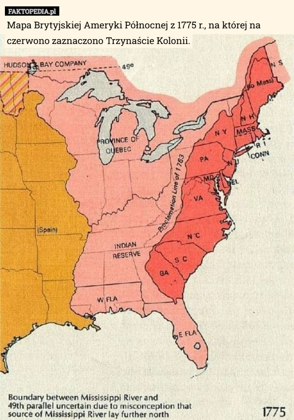 
    Mapa Brytyjskiej Ameryki Północnej z 1775 r., na której na czerwono zaznaczono