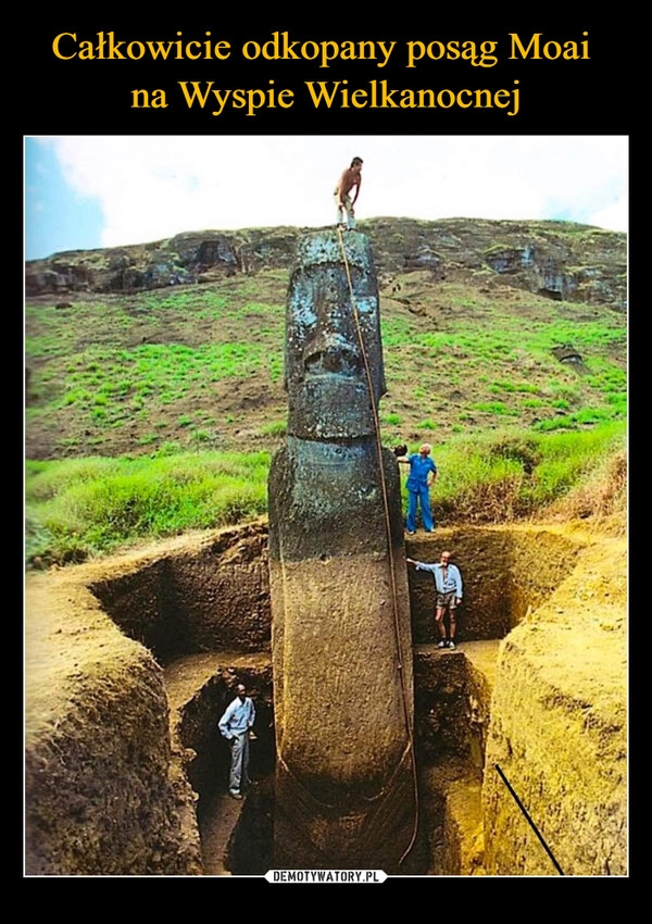 
    Całkowicie odkopany posąg Moai 
na Wyspie Wielkanocnej