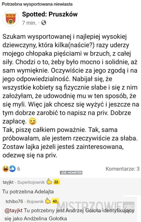 
    Potrzebna wysportowana niewiasta