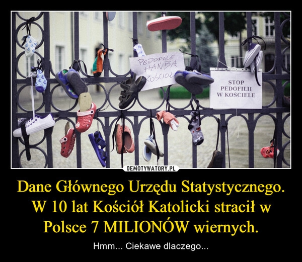 
    Dane Głównego Urzędu Statystycznego. W 10 lat Kościół Katolicki stracił w Polsce 7 MILIONÓW wiernych.