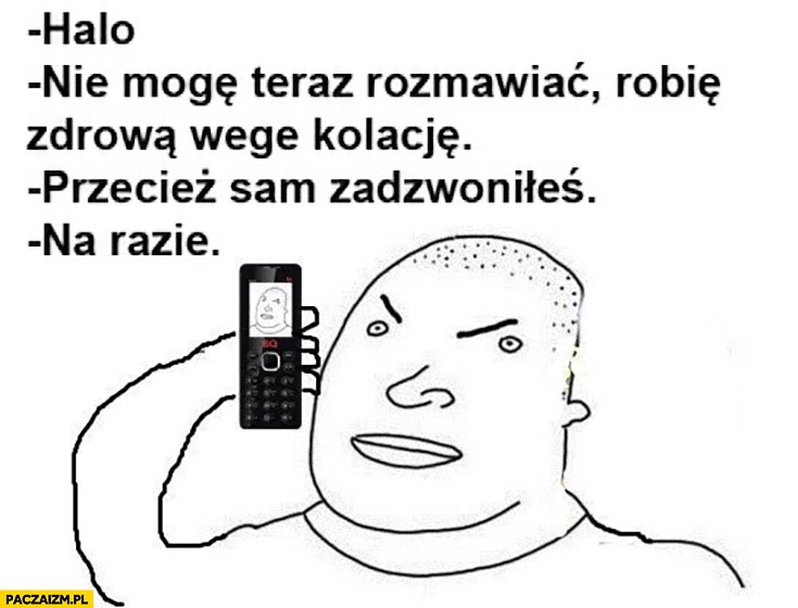 
    Halo? Nie mogę teraz rozmawiać robię zdrową wege kolację. Przecież sam zadzwoniłeś. Na razie
