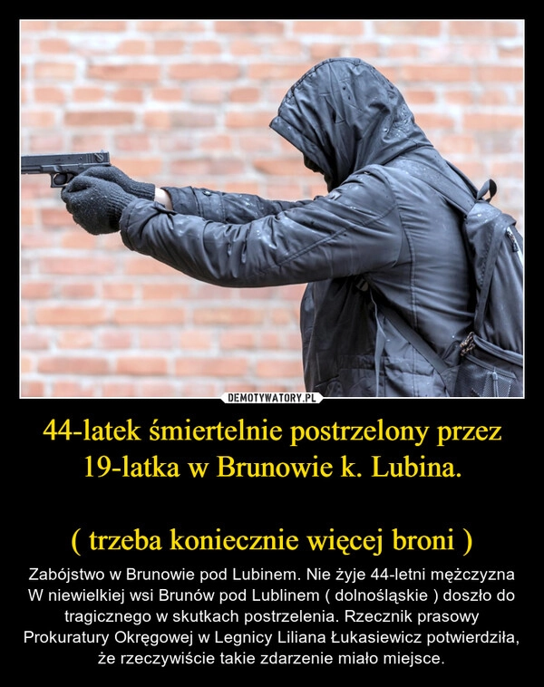 
    44-latek śmiertelnie postrzelony przez 19-latka w Brunowie k. Lubina.

( trzeba koniecznie więcej broni )