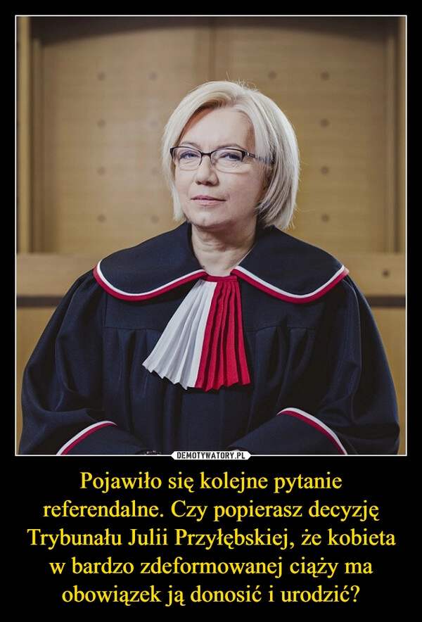 
    Pojawiło się kolejne pytanie referendalne. Czy popierasz decyzję Trybunału Julii Przyłębskiej, że kobieta w bardzo zdeformowanej ciąży ma obowiązek ją donosić i urodzić?