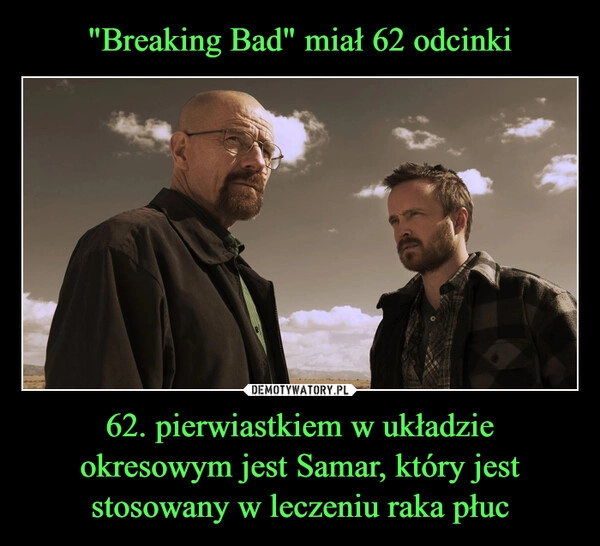 
    "Breaking Bad" miał 62 odcinki 62. pierwiastkiem w układzie okresowym jest Samar, który jest stosowany w leczeniu raka płuc