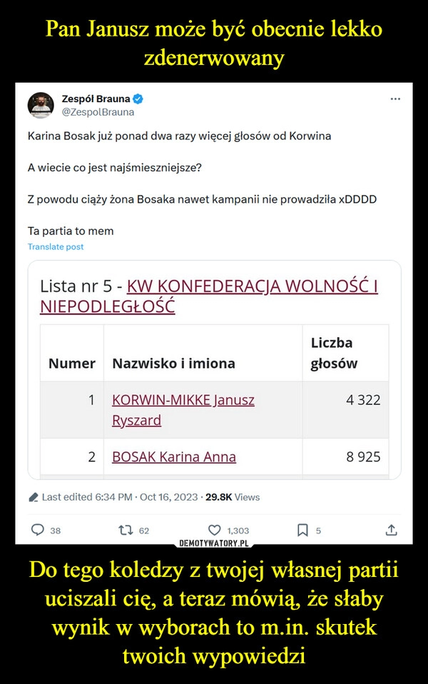 
    Pan Janusz może być obecnie lekko zdenerwowany Do tego koledzy z twojej własnej partii uciszali cię, a teraz mówią, że słaby wynik w wyborach to m.in. skutek twoich wypowiedzi