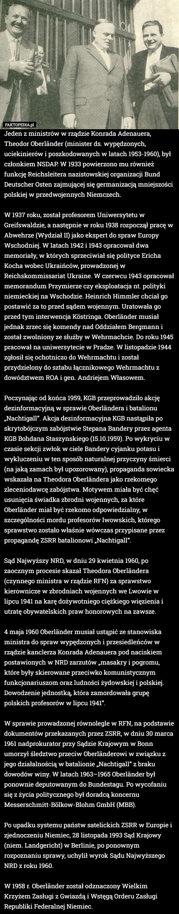 
    Jeden z ministrów w rządzie Konrada Adenauera, Theodor Oberländer (minister