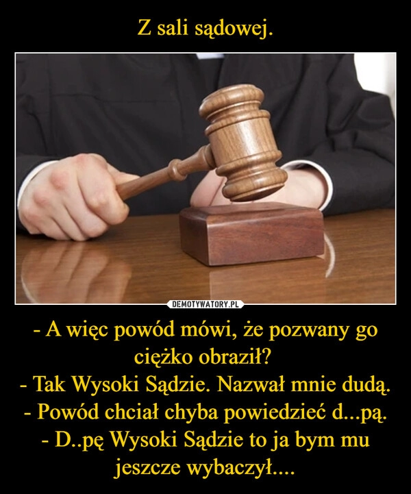 
    Z sali sądowej. - A więc powód mówi, że pozwany go ciężko obraził? 
- Tak Wysoki Sądzie. Nazwał mnie dudą.
- Powód chciał chyba powiedzieć d...pą.
- D..pę Wysoki Sądzie to ja bym mu jeszcze wybaczył....