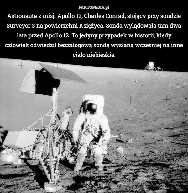 
    Astronauta z misji Apollo 12, Charles Conrad, stojący przy sondzie Surveyor