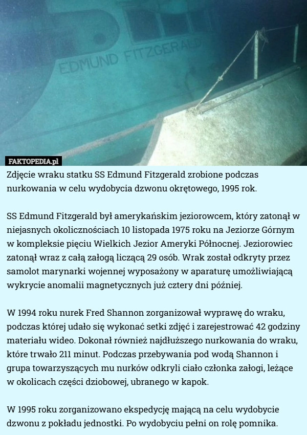 
    Zdjęcie wraku statku SS Edmund Fitzgerald zrobione podczas nurkowania w...