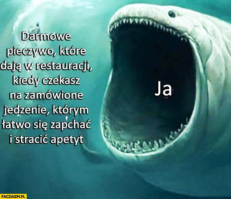 
    Ja vs darmowe pieczywo które dają w restauracji kiedy czekasz na zamówione jedzenie którym łatwo się zapchać i stracić apetyt zjada połyka