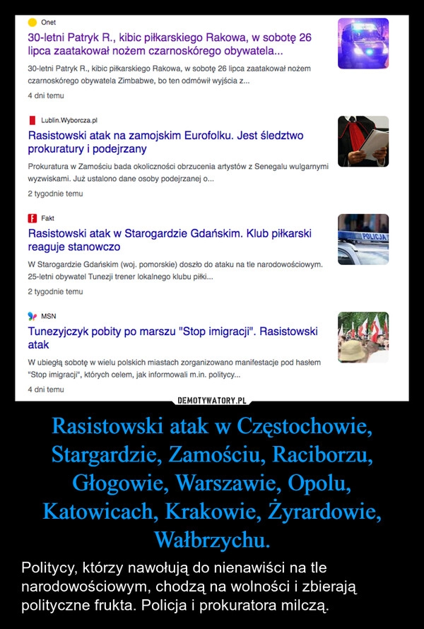 
    Rasistowski atak w Częstochowie, Stargardzie, Zamościu, Raciborzu, Głogowie, Warszawie, Opolu, Katowicach, Krakowie, Żyrardowie, Wałbrzychu.