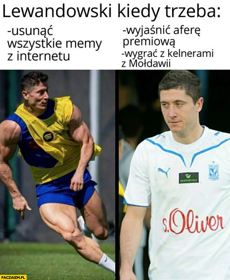 
    Lewandowski kiedy trzeba usunąć wszystkie memy z internetu umięśniony vs wyjaśnić aferę premiowa, wygrać z kelnerami z Mołdawii nieśmiały