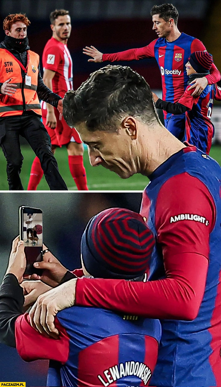 
    Lewandowski pozwala młodemu zrobić sobie z nim zdjęcie selfie dzieciak pokazuje mu batchatę żony Lewandowskiej