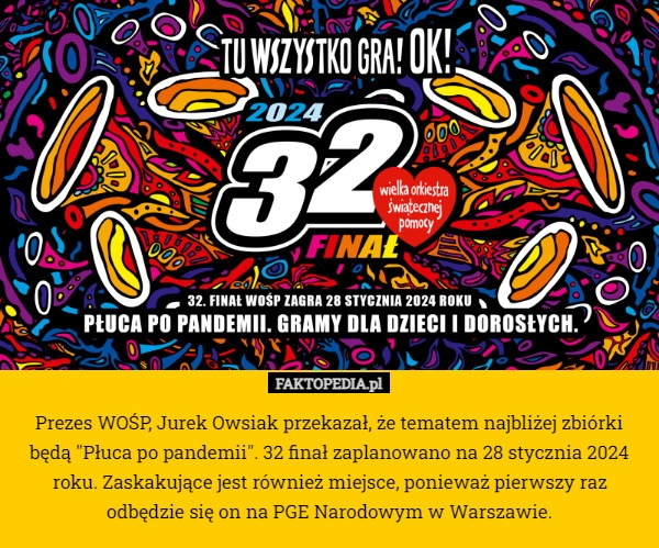 
    Prezes WOŚP Jurek Owsiak przekazał, że tematem najbliżej zbiórki będą "Płuca