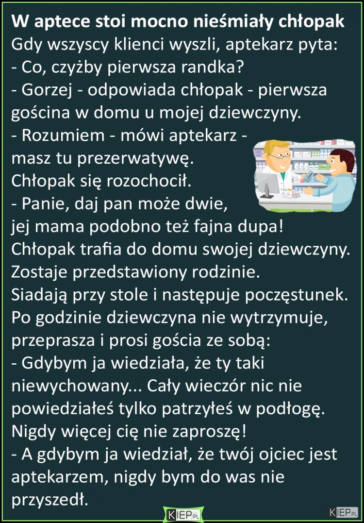 
    W aptece stoi mocno nieśmiały chłopak...