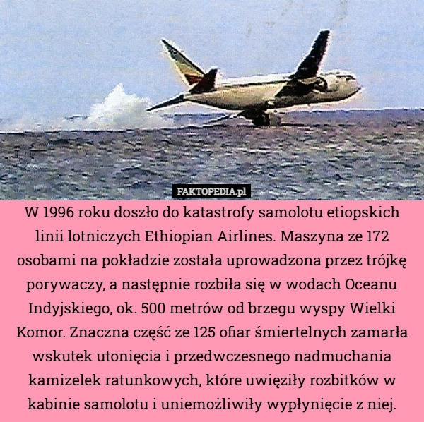 
    W 1996 roku doszło do katastrofy samolotu etiopskich linii lotniczych Ethiopian