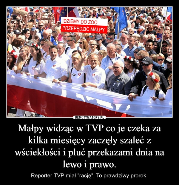 
    Małpy widząc w TVP co je czeka za kilka miesięcy zaczęły szaleć z wściekłości i pluć przekazami dnia na lewo i prawo.