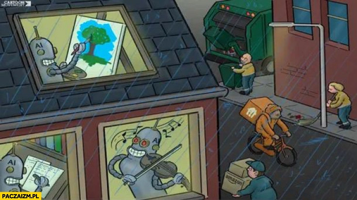 
    AI sztuczna inteligencja maluje obrazy, pisze teksty, tworzy muzykę ludzie pracują fizycznie