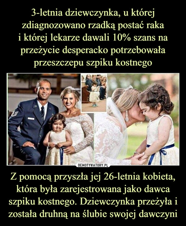 
    3-letnia dziewczynka, u której zdiagnozowano rzadką postać raka
i której lekarze dawali 10% szans na przeżycie desperacko potrzebowała przeszczepu szpiku kostnego Z pomocą przyszła jej 26-letnia kobieta, która była zarejestrowana jako dawca szpiku kostnego. Dziewczynka przeżyła i została druhną na ślubie swojej dawczyni