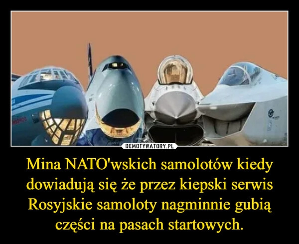 
    Mina NATO'wskich samolotów kiedy dowiadują się że przez kiepski serwis Rosyjskie samoloty nagminnie gubią części na pasach startowych.