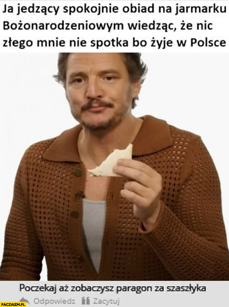 
    Ja jedzący spokojnie obiad na jarmarku Bożonarodzeniowym wiedząc, ze nic złego mnie nie spotka bo żyję w Polsce, poczekaj aż zobaczysz paragon za szaszłyka