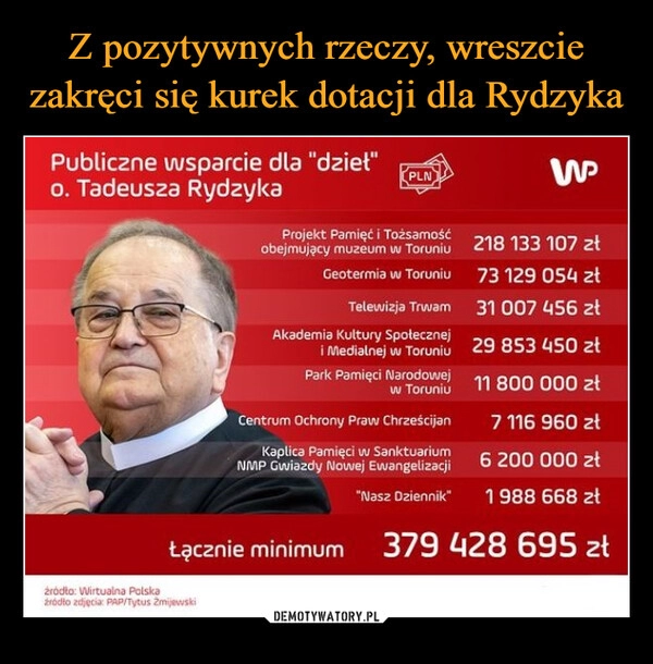 
    Z pozytywnych rzeczy, wreszcie zakręci się kurek dotacji dla Rydzyka