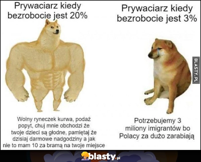 
    Prywaciarz kiedy bezrobocie jest 20%: wolny rynek, co mnie obchodzi, że twoje dzieci są głodne, rób darmowe nadgodziny vs kiedy bezrobocie jest 3%: potrzebujemy 3 miliony imigrantów bo Polacy za dużo zarabiają pies pieseł doge cheems