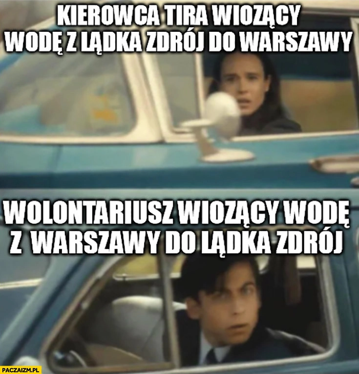 
    Kierowca TIRa wiozący wodę z Lądka-Zdrój do Warszawy mija wolontariusza z Warszawy do Lądka-Zdrój