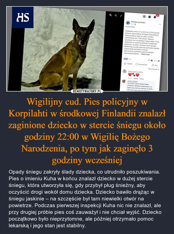 
    Wigilijny cud. Pies policyjny w Korpilahti w środkowej Finlandii znalazł zaginione dziecko w stercie śniegu około godziny 22:00 w Wigilię Bożego Narodzenia, po tym jak zaginęło 3 godziny wcześniej