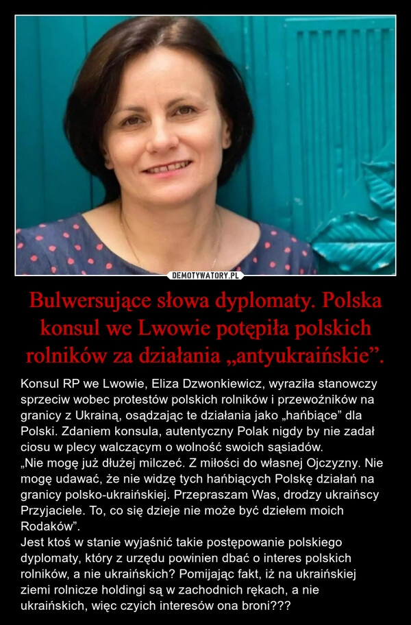 
    Bulwersujące słowa dyplomaty. Polska konsul we Lwowie potępiła polskich rolników za działania „antyukraińskie”.