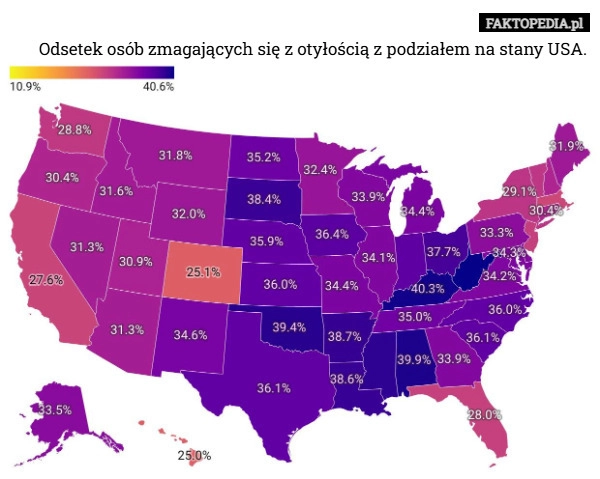 
    Odsetek osób zmagających się z otyłością z podziałem na stany USA.