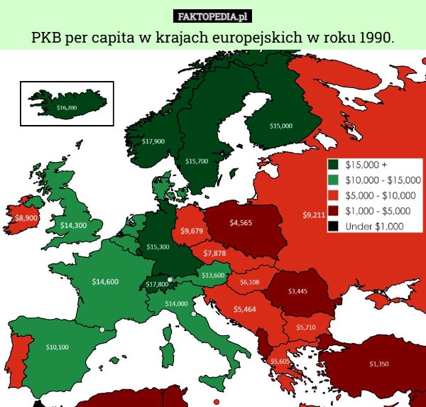 
    PKB per capita w krajach europejskich w roku 1990.